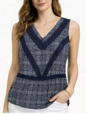 Knox Rose Women's Bohemian Flowy Sleeveless Top Blouse Blue White Lace Size XXL